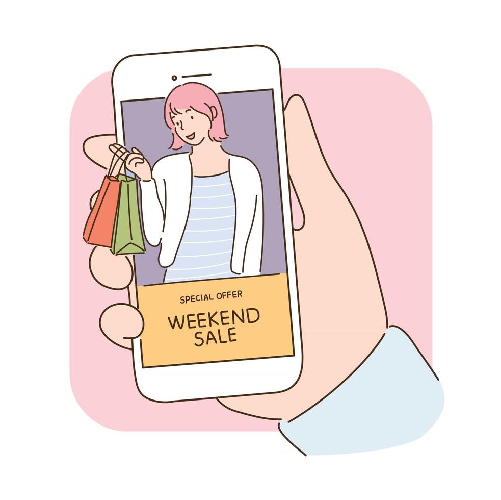 annonces d'achat sur les écrans mobiles. illustrations de conception de vecteur de style dessinés à la main.