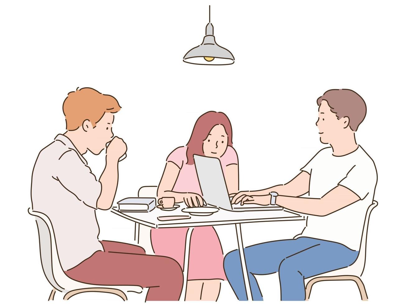 trois personnes sont assises autour d'une table et ont une réunion. illustrations de conception de vecteur de style dessinés à la main.