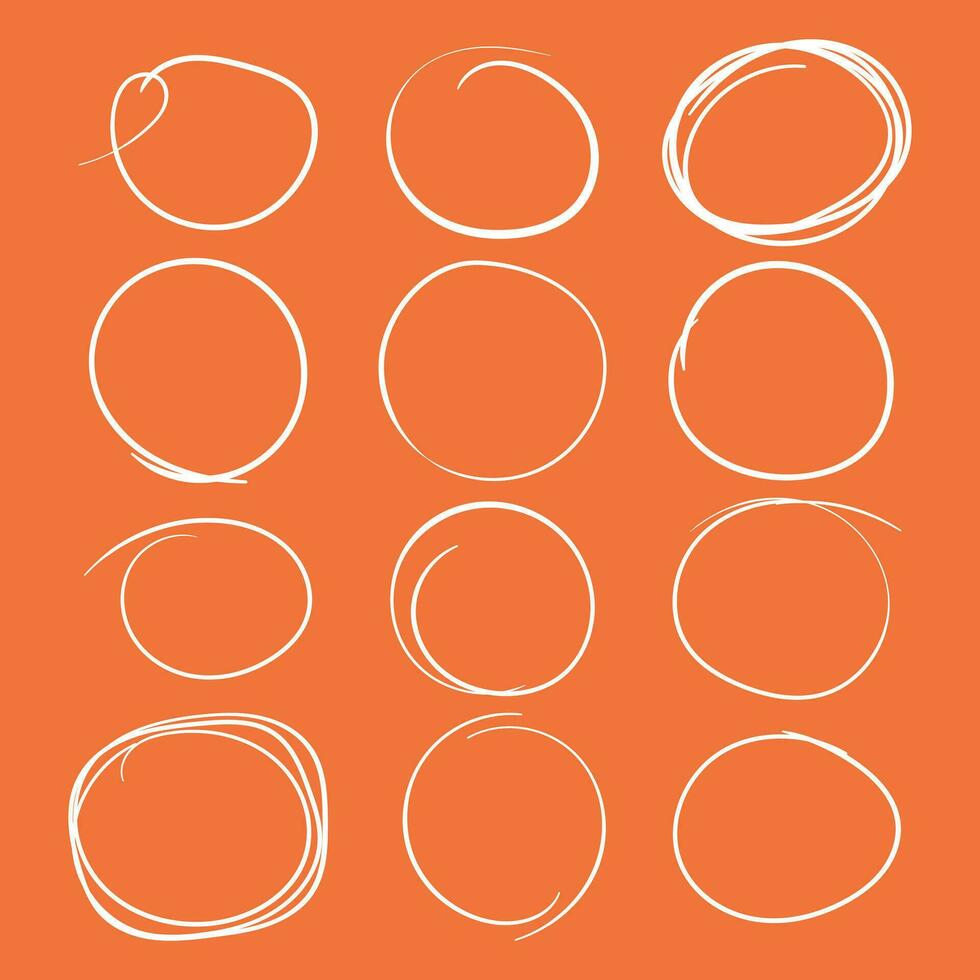 ensemble de le main tiré griffonner cercles. vecteur élément. illustration sur Orange Contexte.