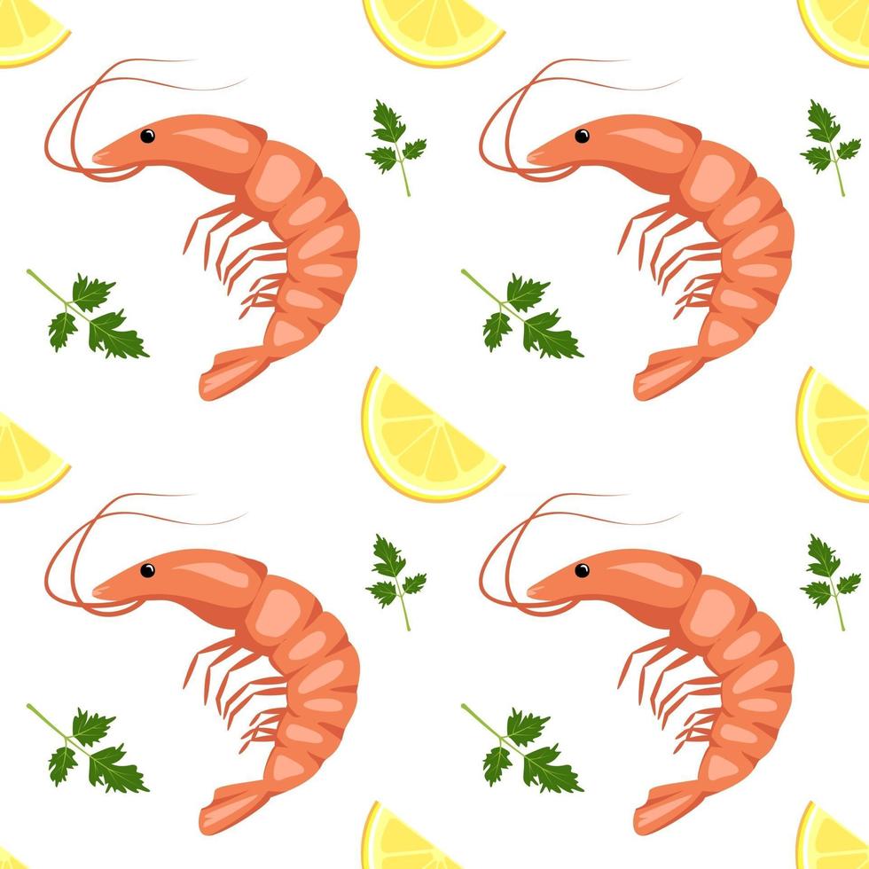 motif harmonieux de crevettes ou de crevettes, de quartiers de citron et de feuilles de persil. impression alimentaire pour textiles, papier et autres dessins. une source de vitamines et une alimentation saine vecteur