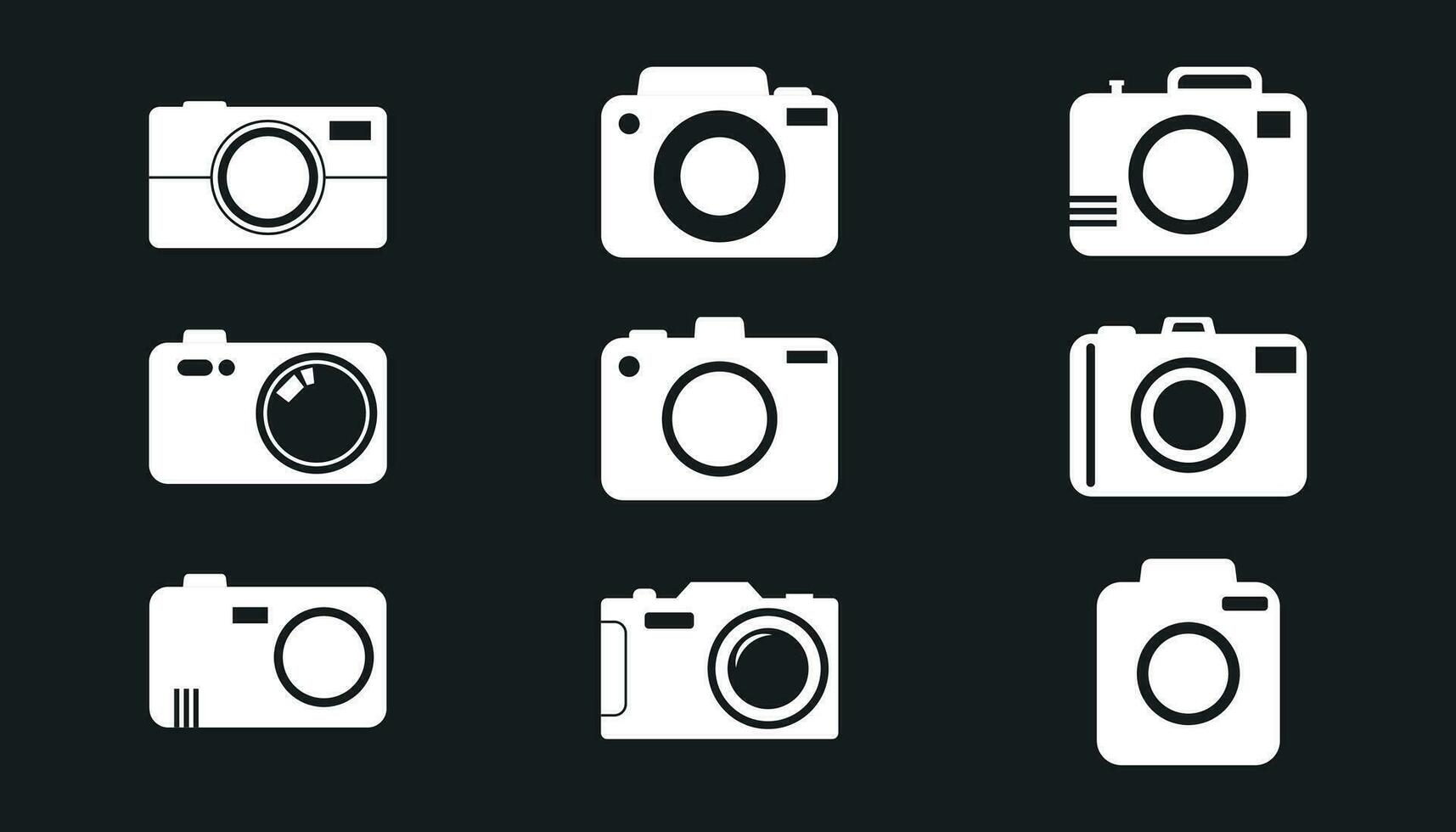 caméra icône ensemble sur noir Contexte. vecteur illustration dans plat style avec la photographie Icônes.