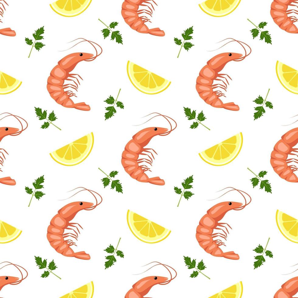 motif harmonieux de crevettes ou de crevettes, de quartiers de citron et de feuilles de persil. impression alimentaire pour textiles, papier et autres dessins. une source de vitamines et une alimentation saine vecteur