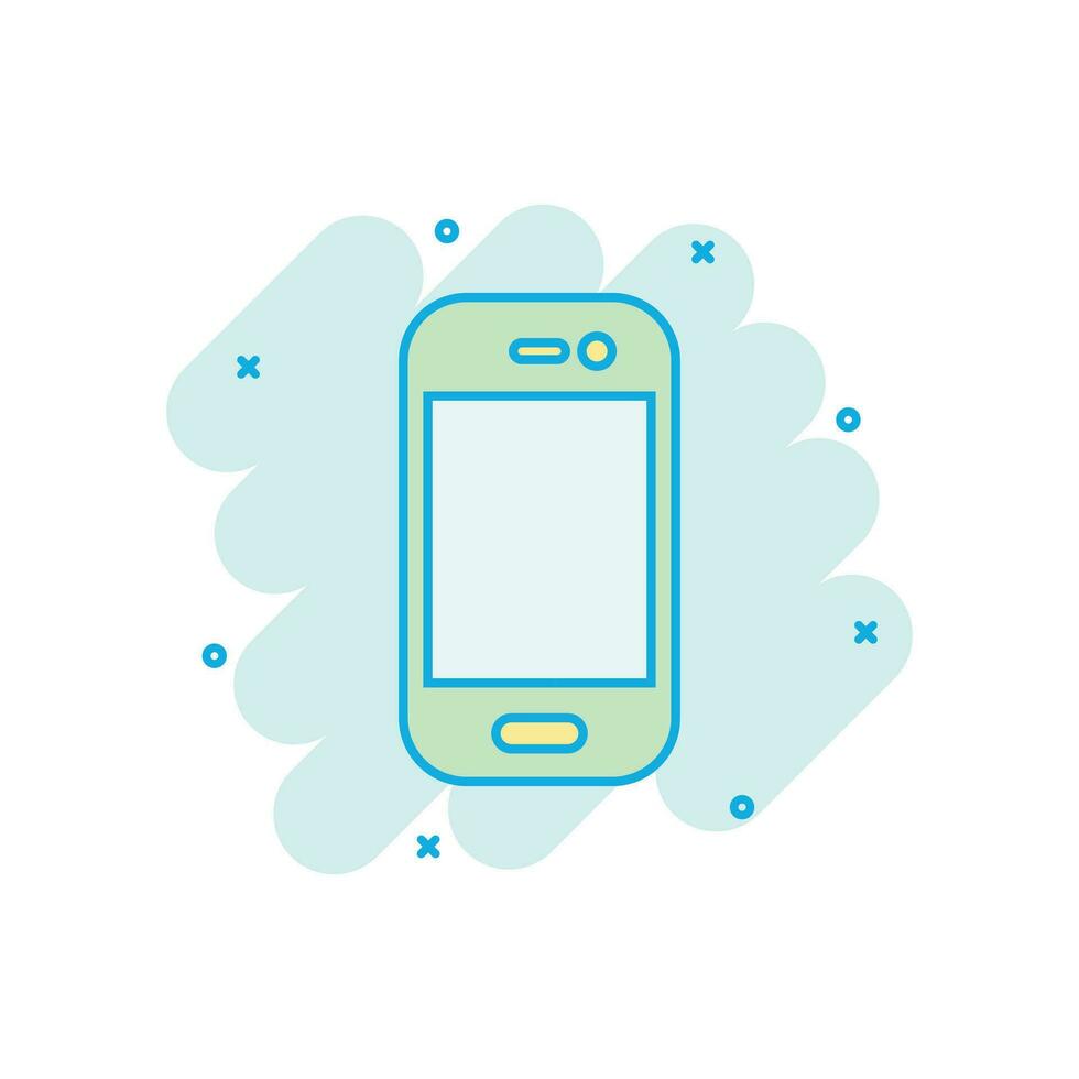 icône de smartphone dans le style comique. pictogramme d'illustration de dessin animé de vecteur de combiné de téléphone. effet d'éclaboussure de concept d'entreprise de smartphone.