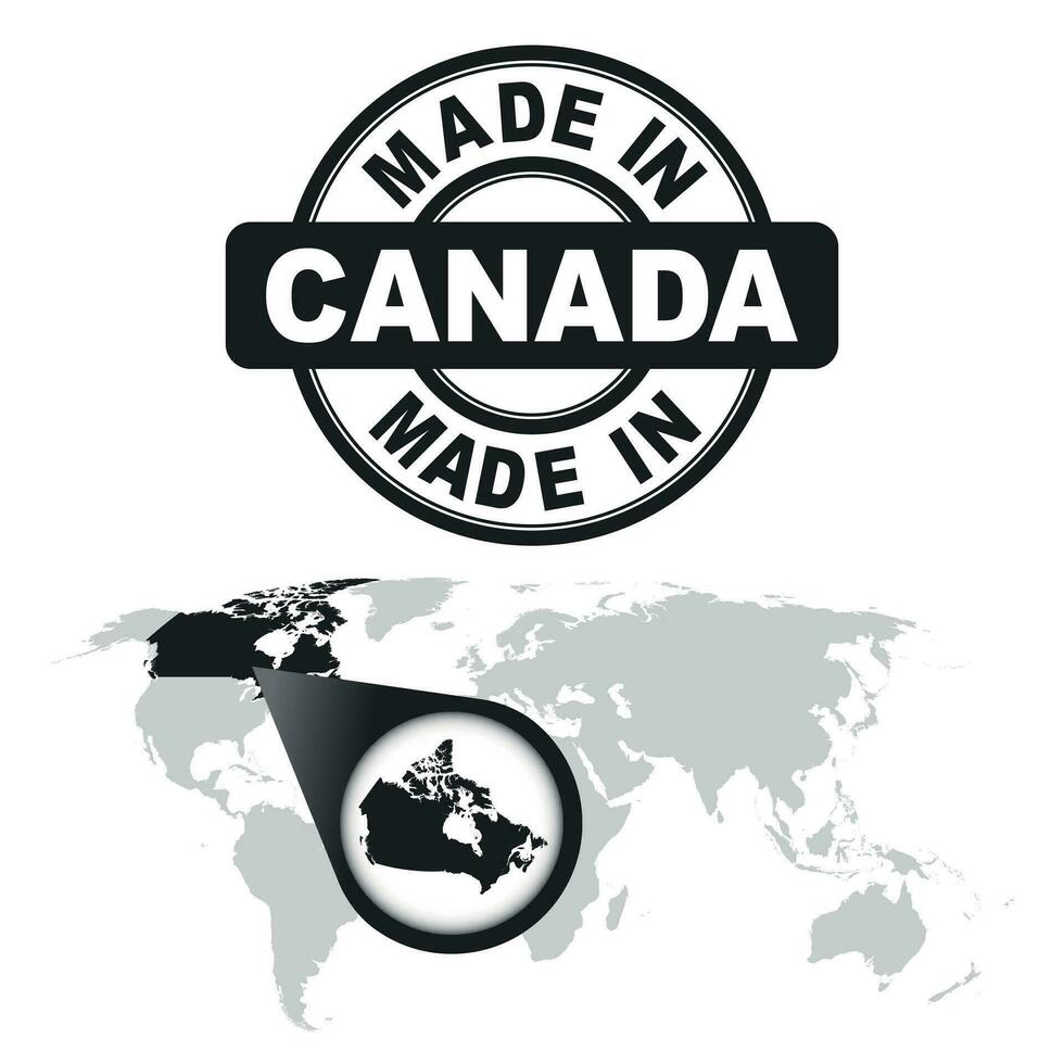 fabriqué dans Canada timbre. monde carte avec Zoom sur pays. vecteur emblème dans plat style sur blanc Contexte.