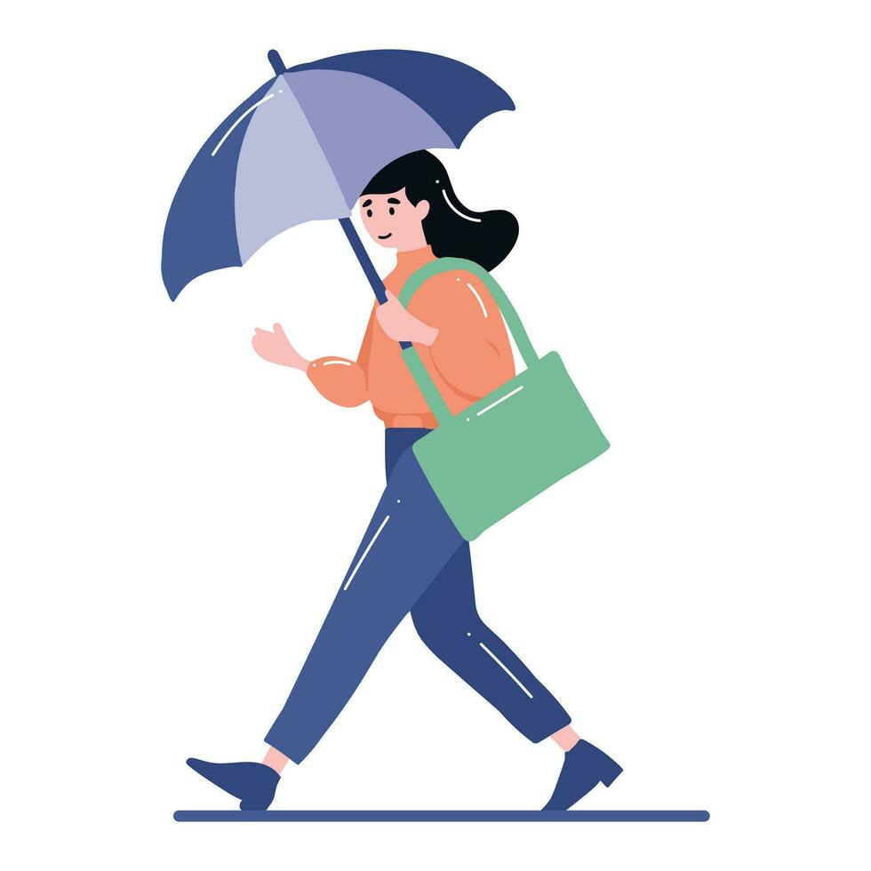 Jeune femme en marchant avec parapluie dans plat style isolé sur Contexte vecteur