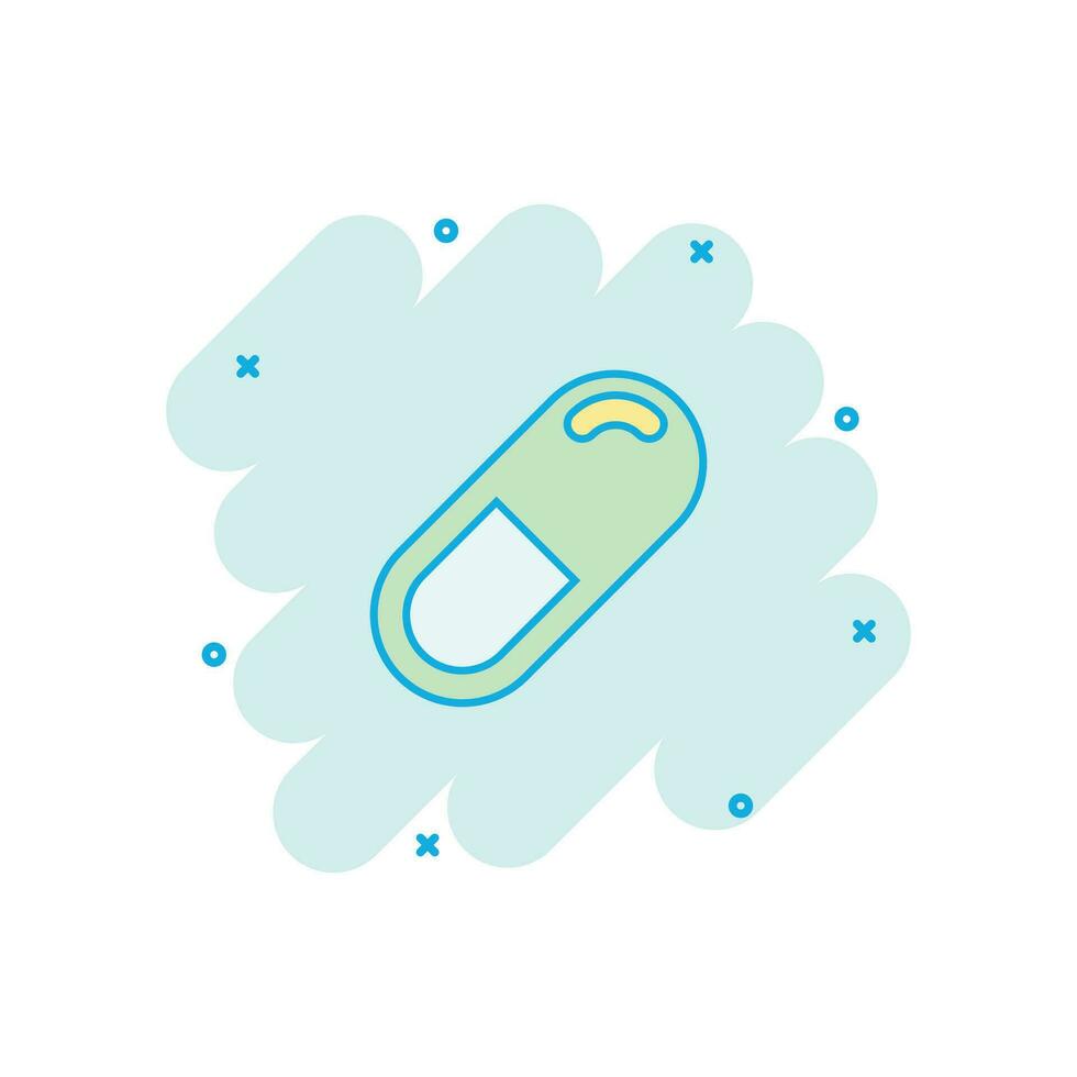 icône de tablette de pilules de capsule de dessin animé de vecteur dans le style comique. pictogramme d'illustration de concept de pilules médicales. concept d'effet d'éclaboussure de capsule et de drogue.