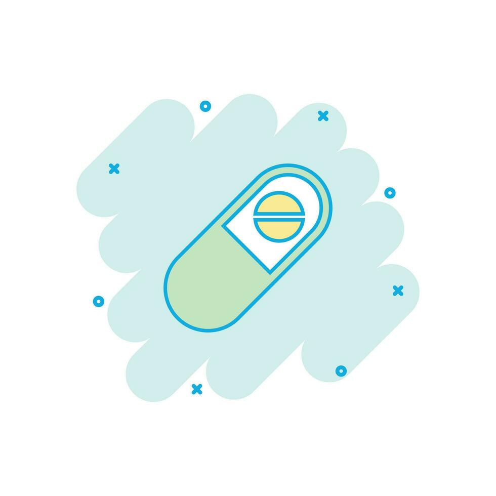 icône de tablette de pilules de capsule de dessin animé de vecteur dans le style comique. pictogramme d'illustration de concept de pilules médicales. concept d'effet d'éclaboussure de capsule et de drogue.