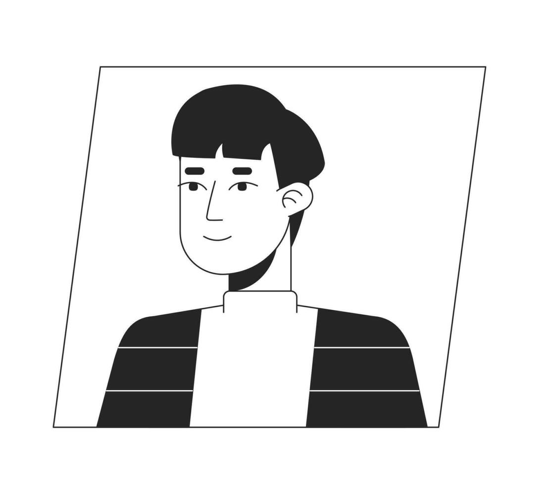 Jeune asiatique homme noir blanc dessin animé avatar icône. modifiable 2d personnage utilisateur portrait, linéaire plat illustration. vecteur visage profil. contour la personne tête et épaules