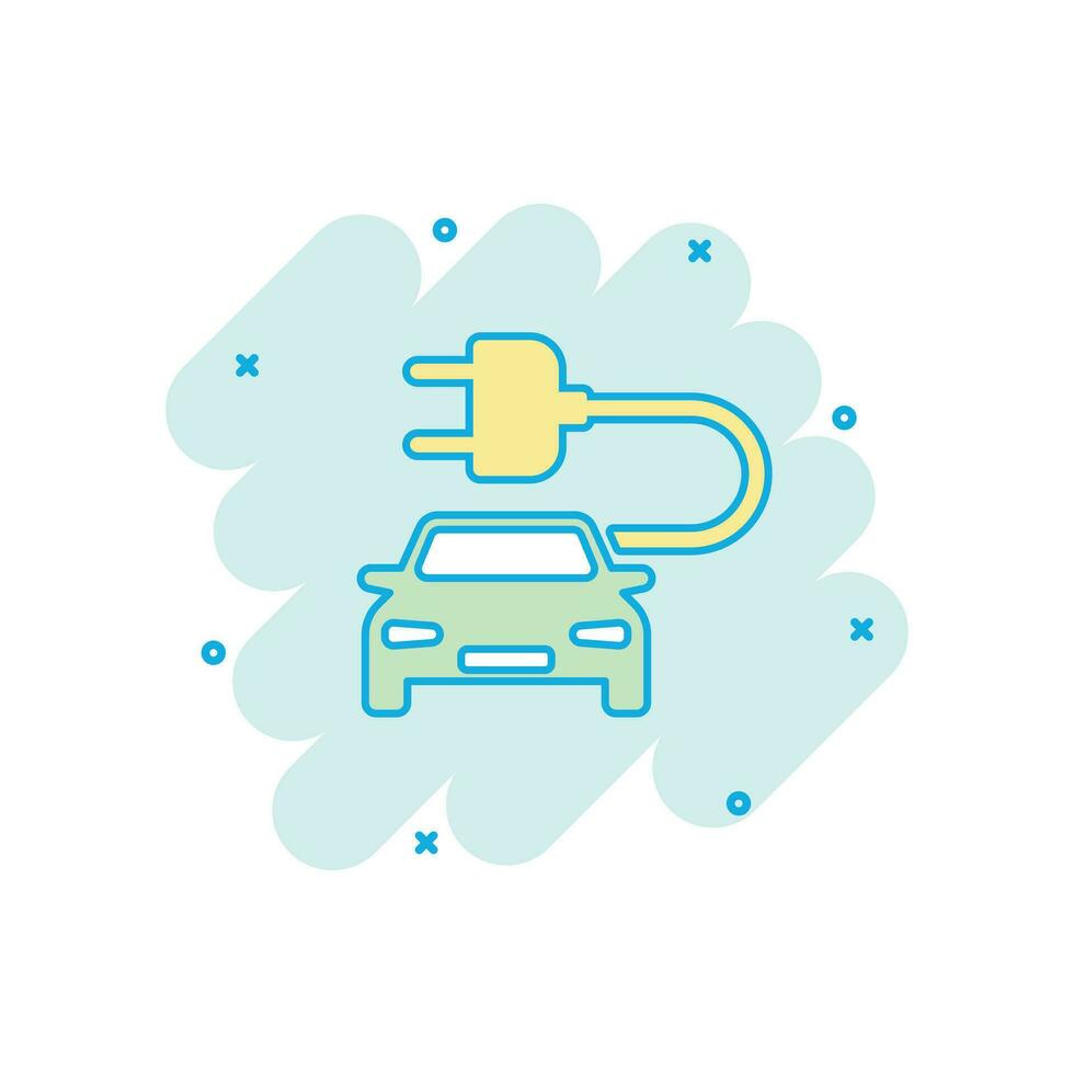 icône de voiture électro de dessin animé de vecteur dans le style comique. pictogramme d'illustration de véhicule automobile électrique. concept d'effet d'éclaboussure de berline de voiture écologique.