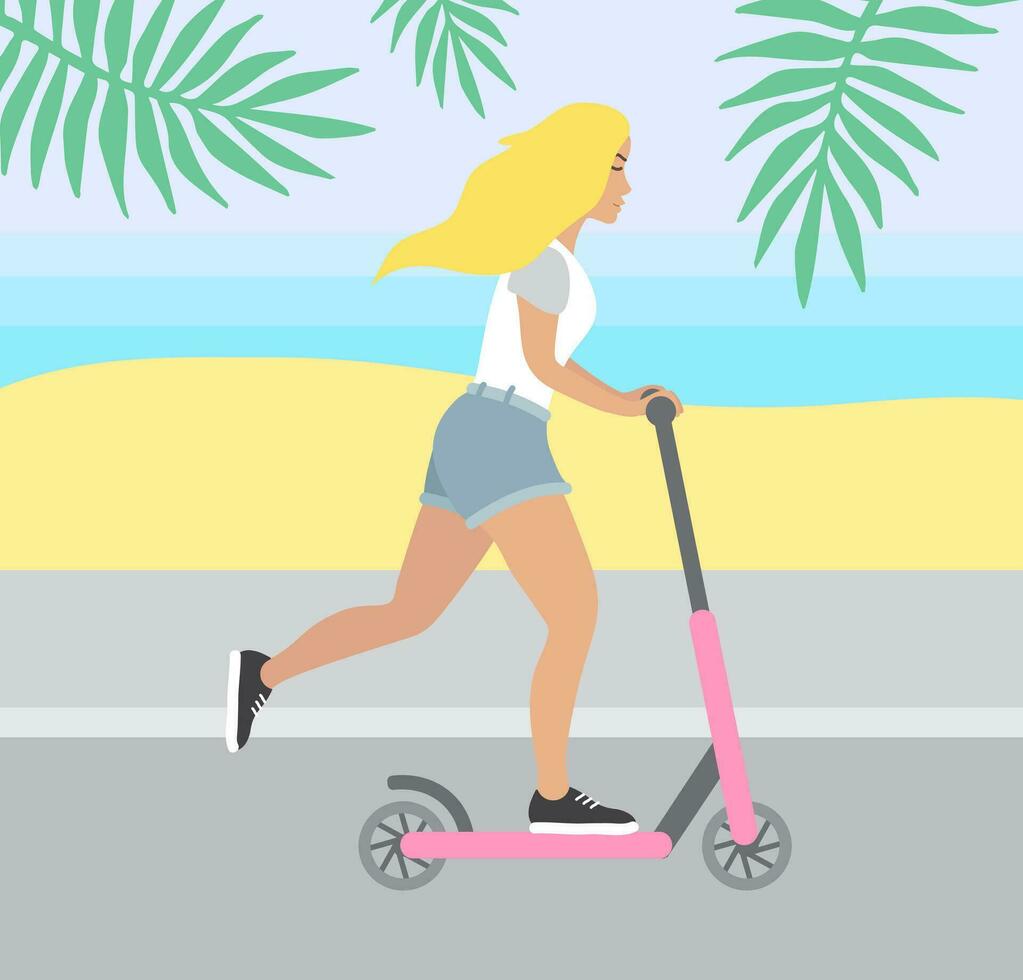 vecteur plat dessin animé fille équitation une scooter sur plage