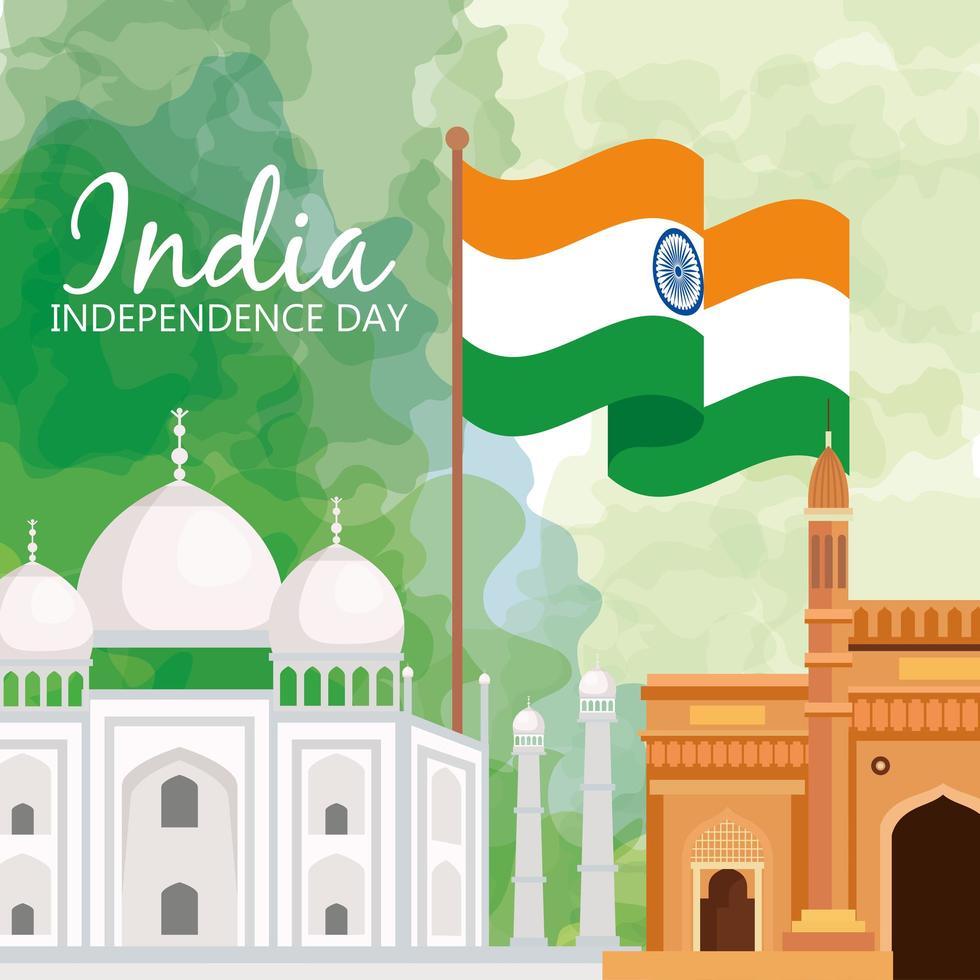 monuments célèbres de l'inde en arrière-plan pour le joyeux jour de l'indépendance, avec drapeau de l'inde avec roue ashoka vecteur