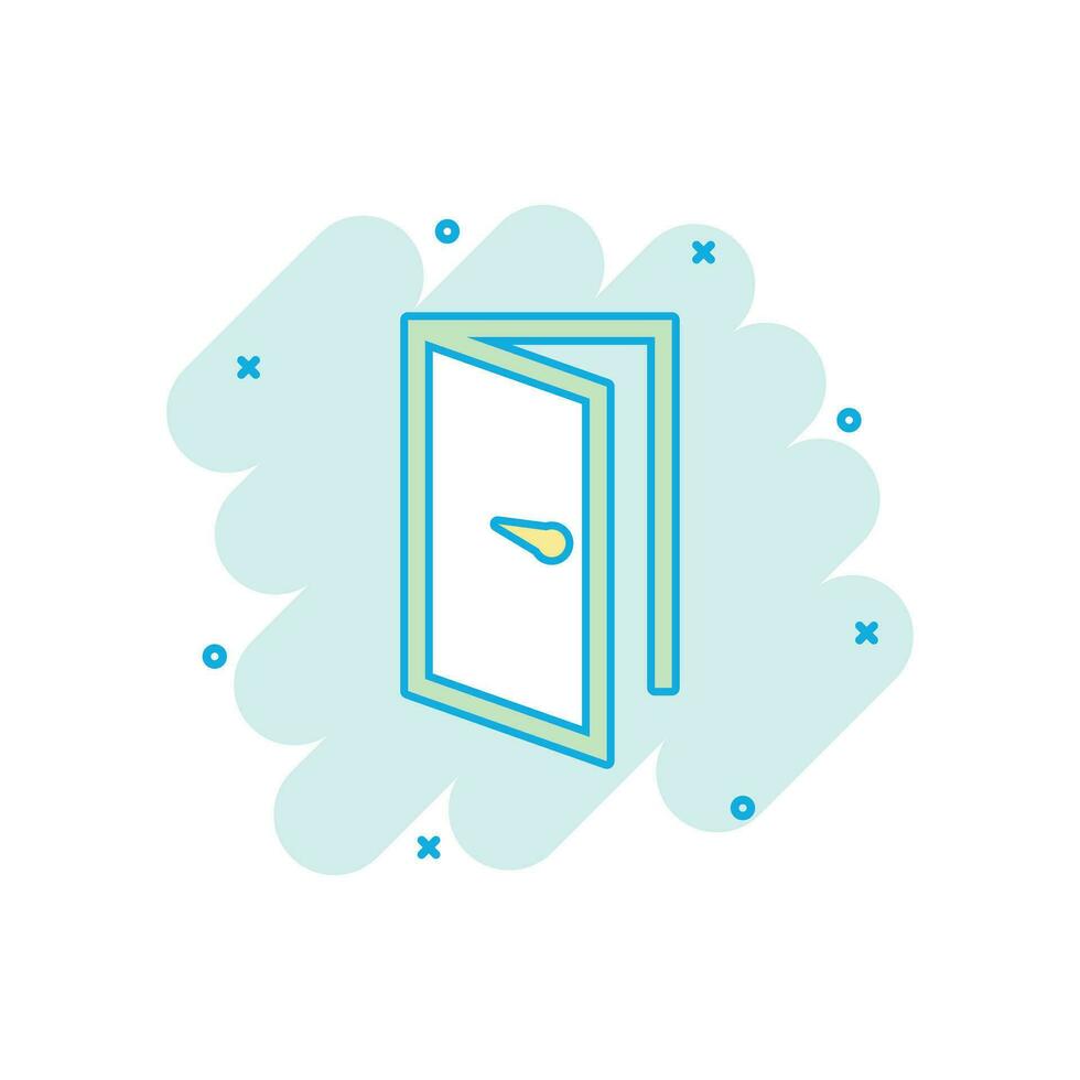 icône de porte de dessin animé de vecteur dans le style comique. pictogramme d'illustration de signe de sortie. concept d'effet d'éclaboussure d'entreprise de porte ouverte.