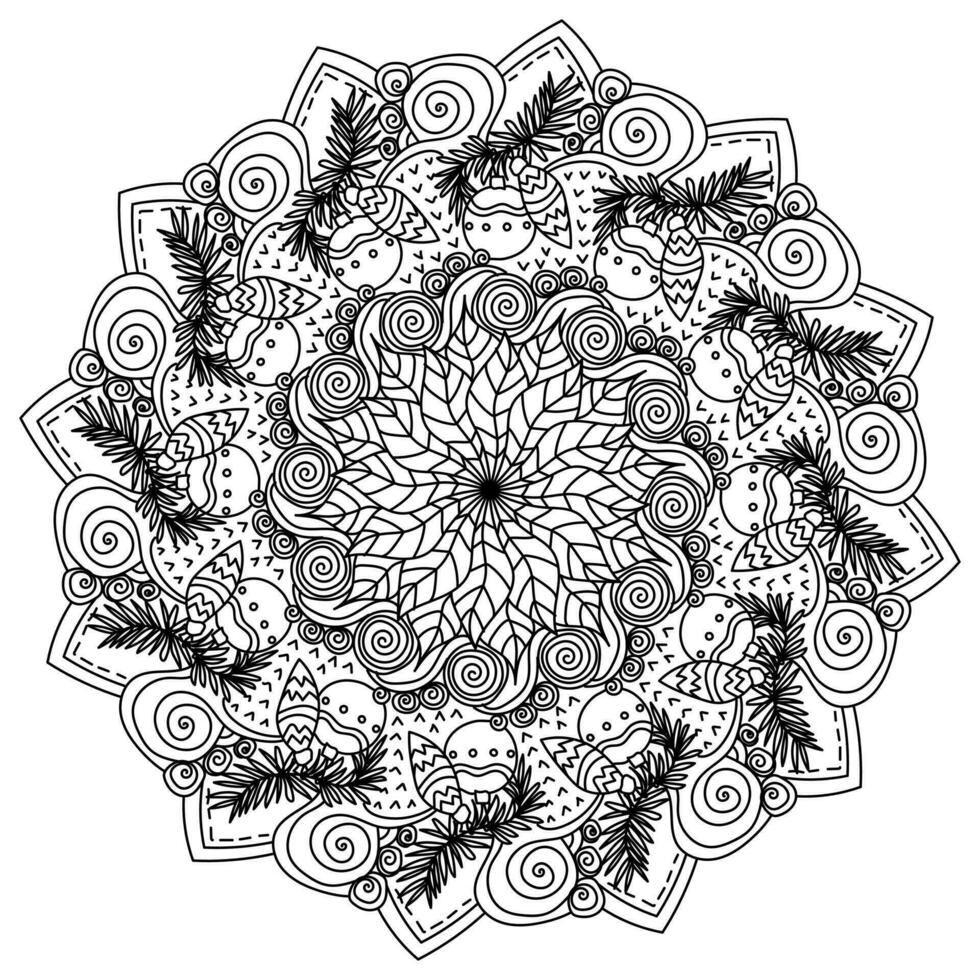 Noël mandala, méditatif coloration page avec Noël arbre bifurquer, des balles et fleuri motifs vecteur