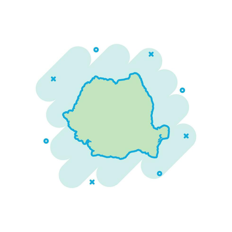 icône de carte de roumanie de dessin animé de vecteur dans le style comique. pictogramme d'illustration de signe de Roumanie. carte de cartographie concept d'effet d'éclaboussure d'entreprise.