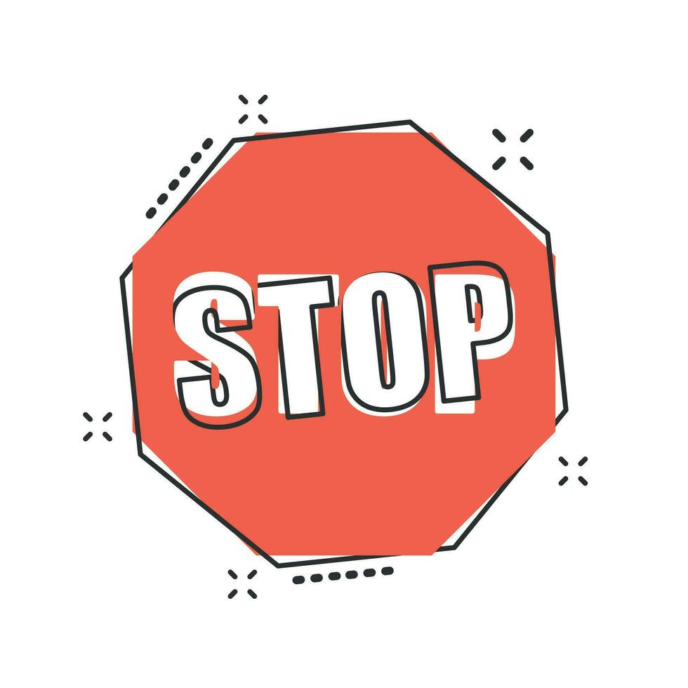 icône de panneau d'arrêt rouge de dessin animé de vecteur dans le style comique. pictogramme d'illustration de signe de danger. arrêter le concept d'effet d'éclaboussure d'entreprise.