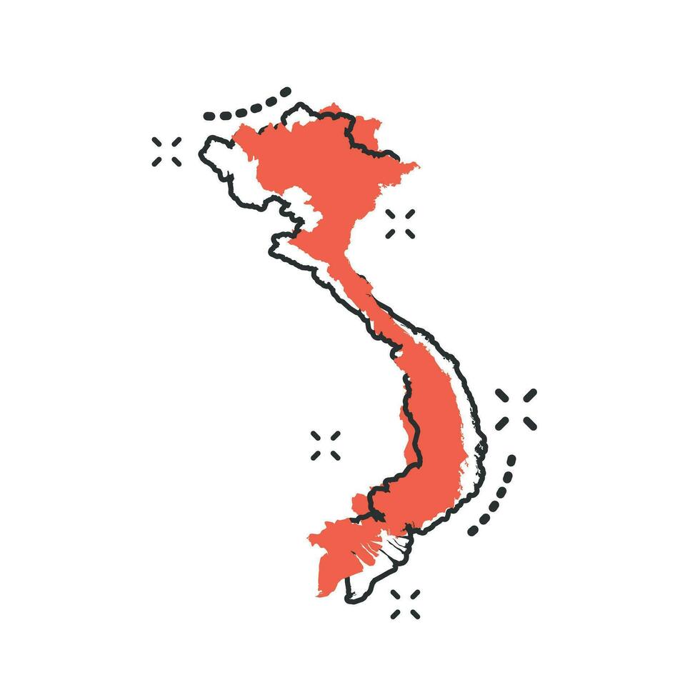 icône de carte du vietnam de dessin animé de vecteur dans le style comique. pictogramme d'illustration de signe vietnamien. carte de cartographie concept d'effet d'éclaboussure d'entreprise.