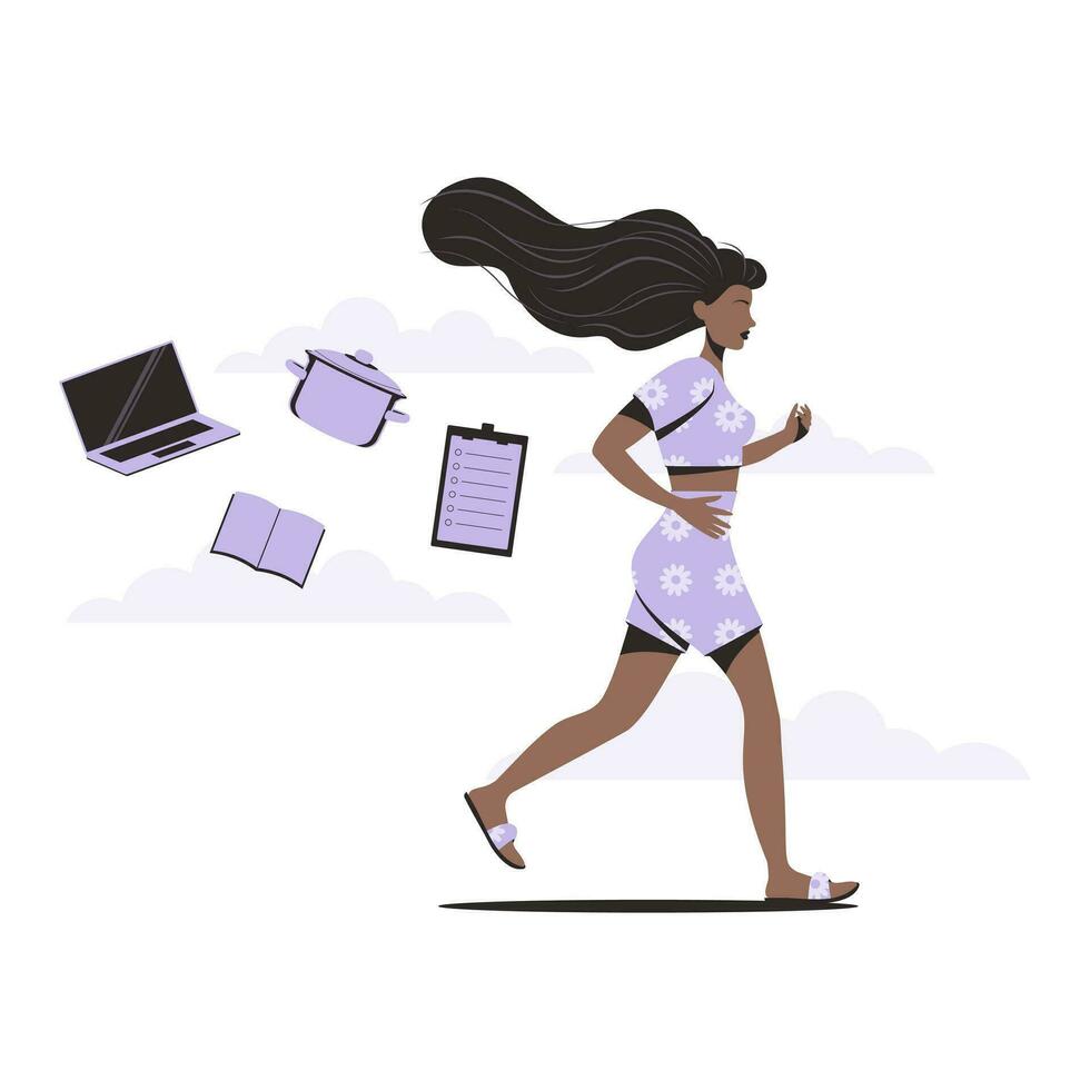 procrastination. une femme dans pyjamas court avant. une ordinateur portable, une casserole, une livre et une souhait liste sont flottant dans le air derrière son. une tergiverser personnage. vecteur illustration.