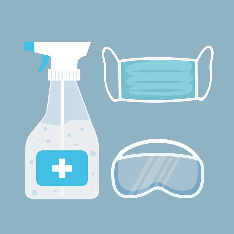 protection contre les coronavirus, désinfectant pour bouteille en spray, masque médical et lunettes de sécurité, protection covid 19 vecteur