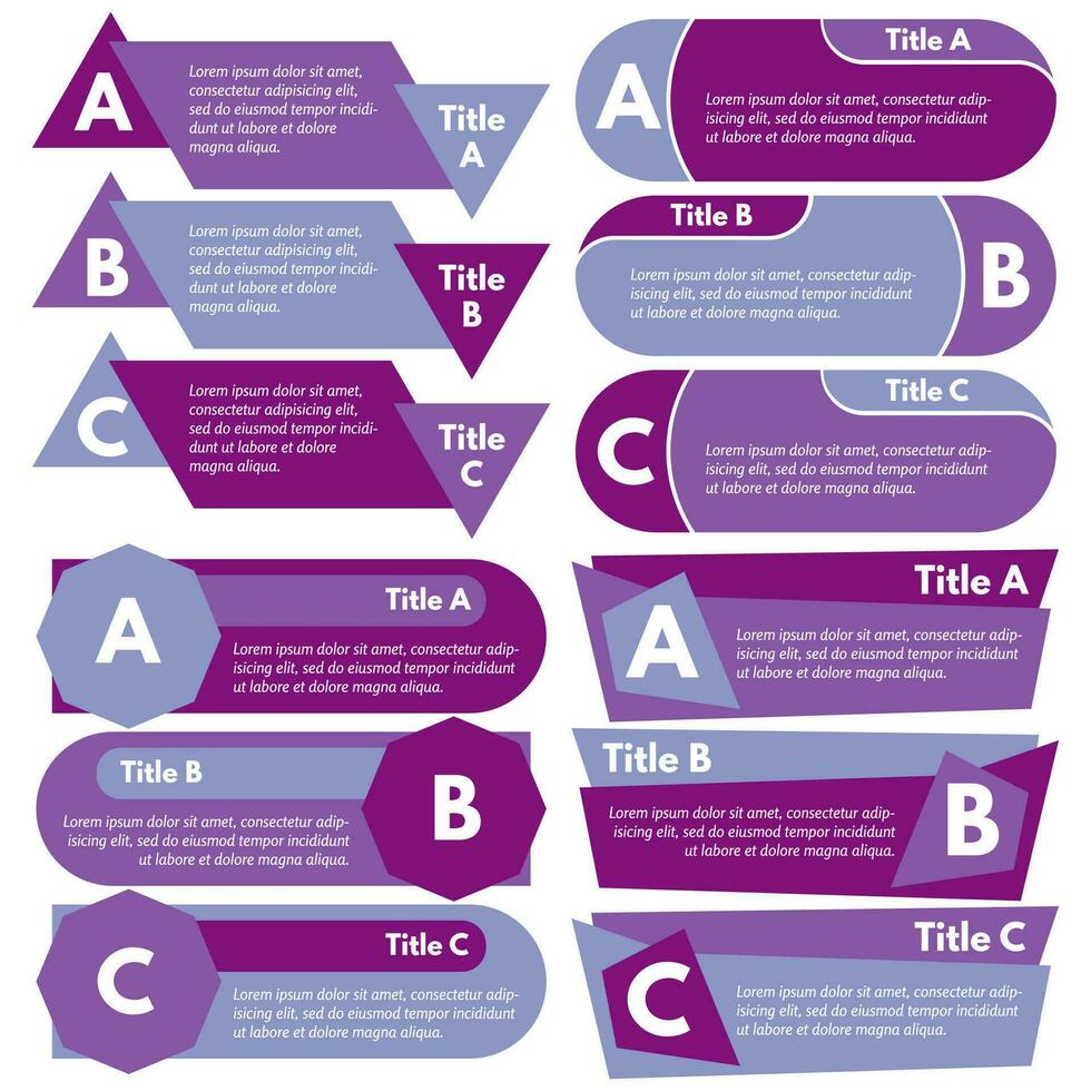 quatre ensembles de Trois éléments de infographie conception. étape par étape infographie conception modèle. vecteur illustration