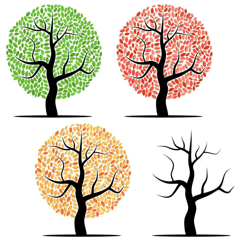 quatre des arbres avec vert, rouge, Jaune feuilles et sans pour autant feuilles. vecteur illustration isolé sur une blanc Contexte