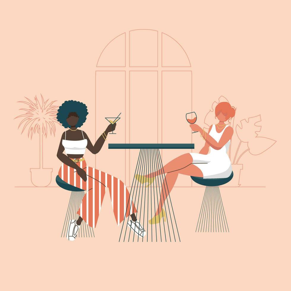 content femelle copains du repos dans le café et parler à propos quelque chose. deux femmes dépenses temps ensemble à café Pause. plat vecteur illustration