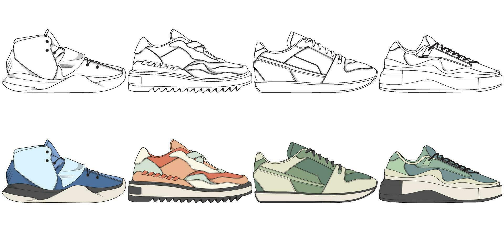 ensemble de des chaussures baskets dessin vecteur, baskets tiré dans une esquisser style, groupage baskets formateurs modèle, vecteur illustration.