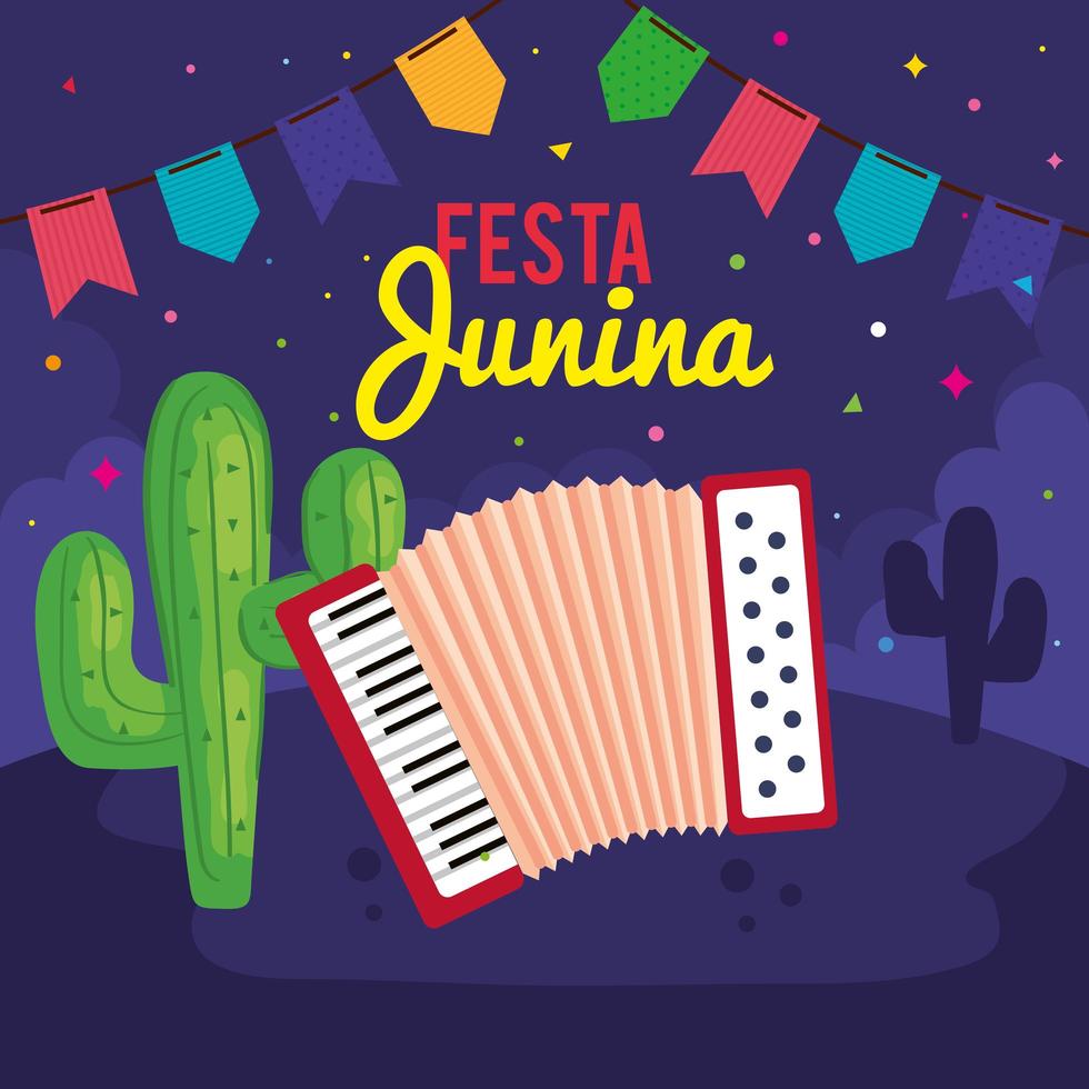 affiche festa junina avec accordéon et icônes traditionnelles vecteur