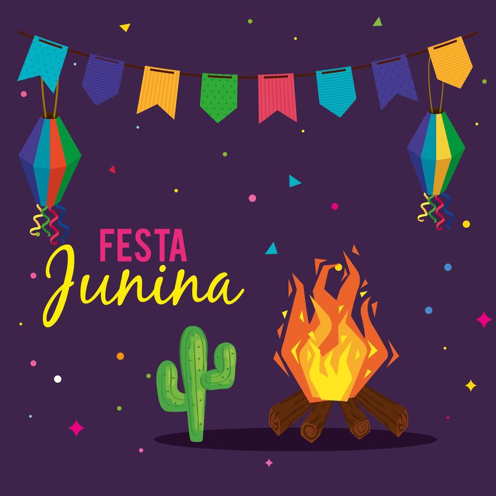 affiche festa junina avec feu de joie et icônes traditionnelles vecteur
