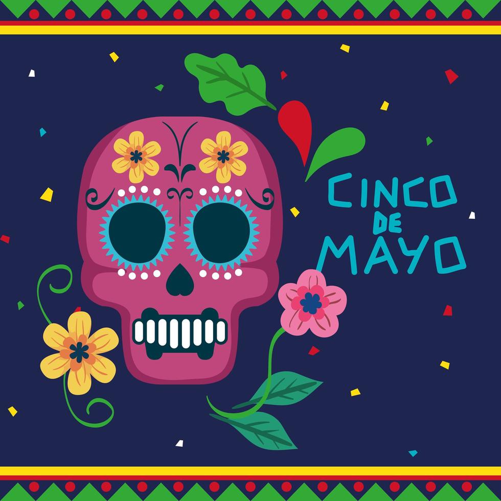 affiche de cinco de mayo avec crâne et décoration vecteur