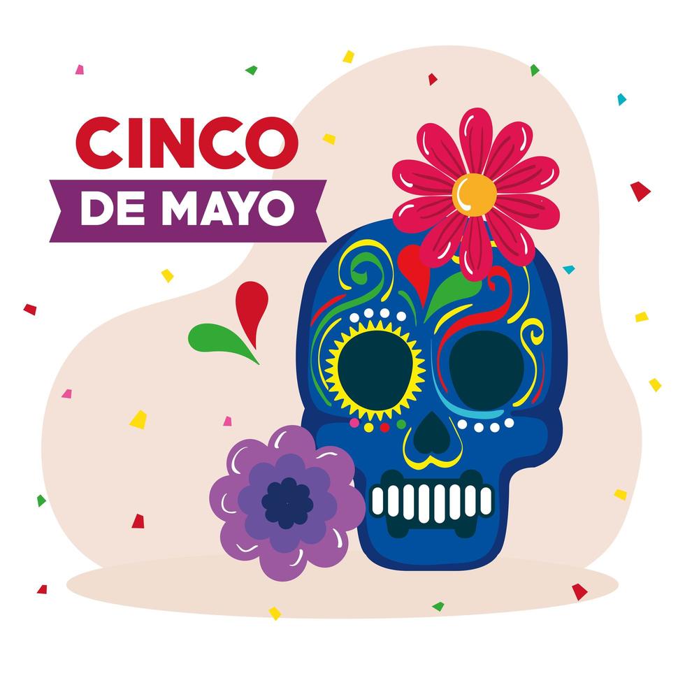 affiche de cinco de mayo avec décoration de crâne et de fleurs vecteur