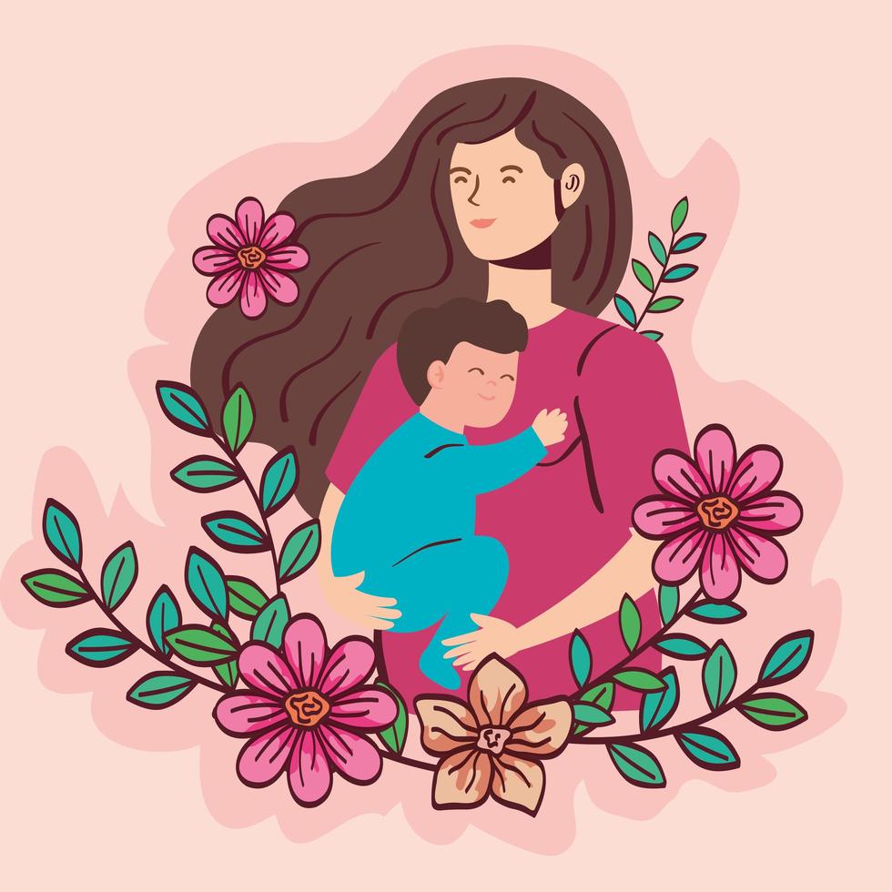 Femme enceinte portant bébé garçon avec décoration de fleurs vecteur