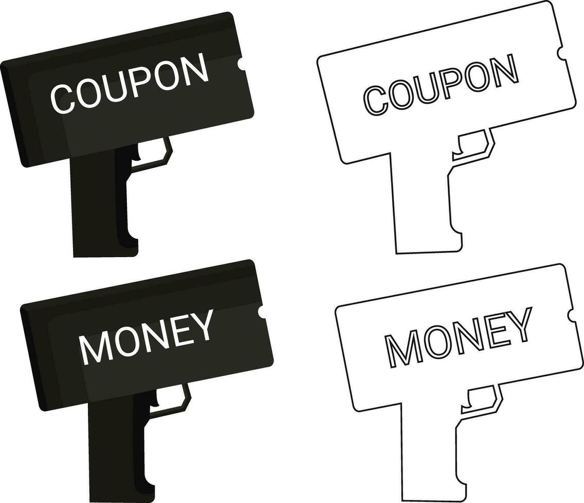 coupon pistolet, argent pistolet, fabrication argent et coupons machine. vecteur dessin. main tiré style. plat style et contour. noir Couleur