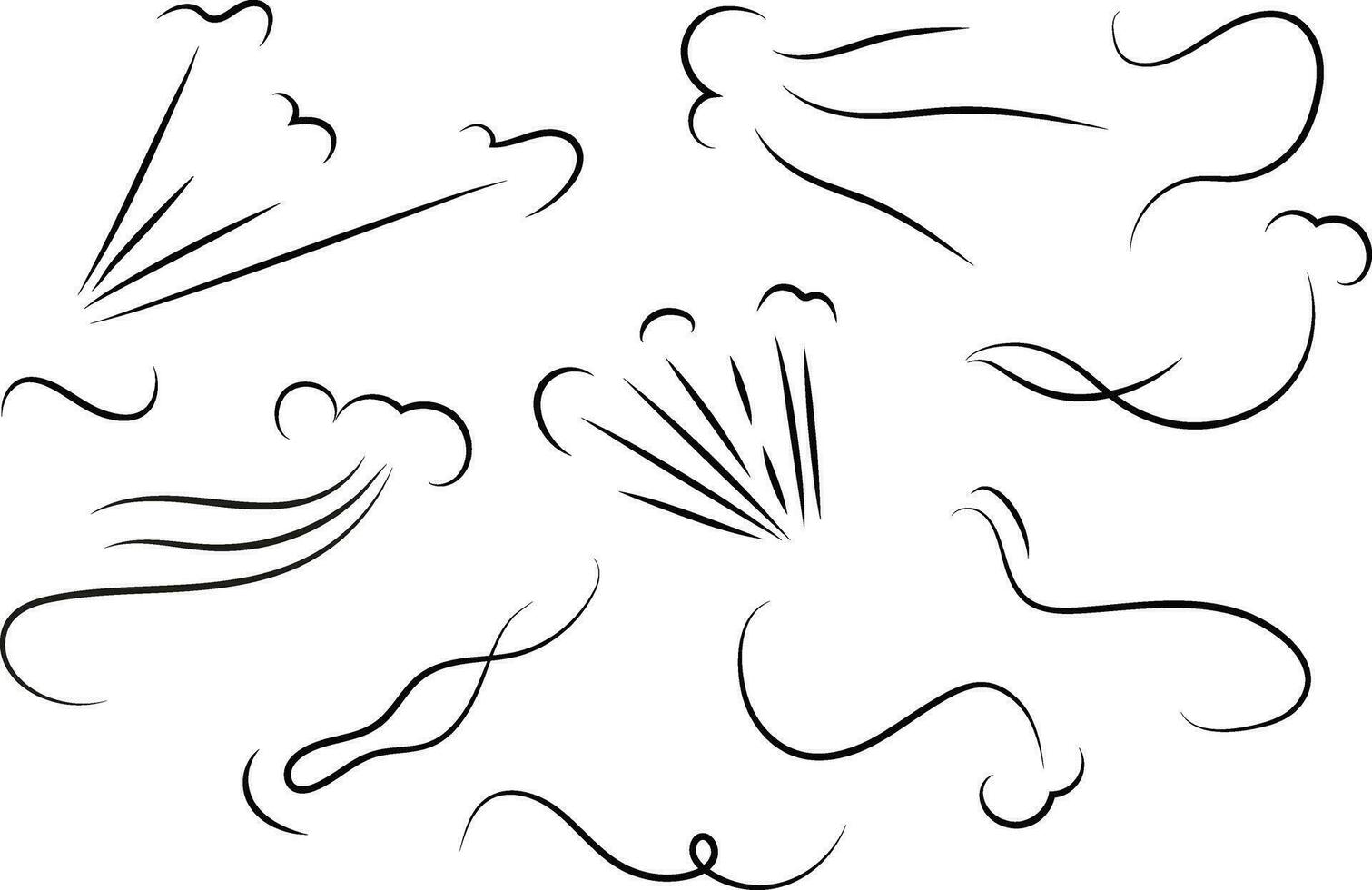 contour dessin de une souffle de vent.vent coup ensemble dans ligne style.wave écoulement illustration avec main tiré griffonnage dessin animé style. vecteur