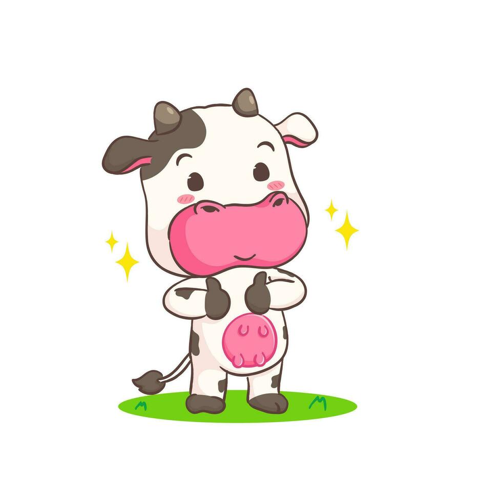 mignonne vache montrant les pouces en haut main signe dessin animé personnage. adorable animal concept conception. isolé blanc Contexte. vecteur illustration