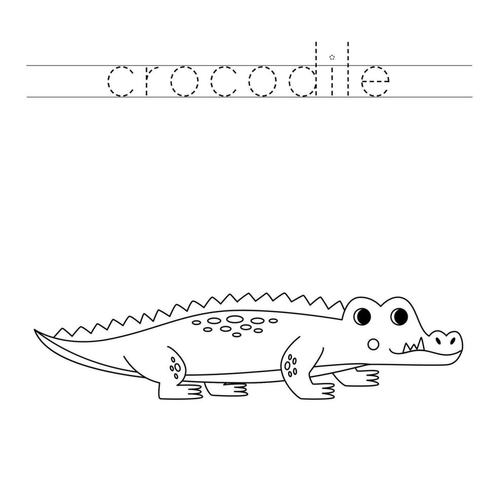 trace le des lettres et Couleur dessin animé crocodile. écriture entraine toi pour enfants. vecteur