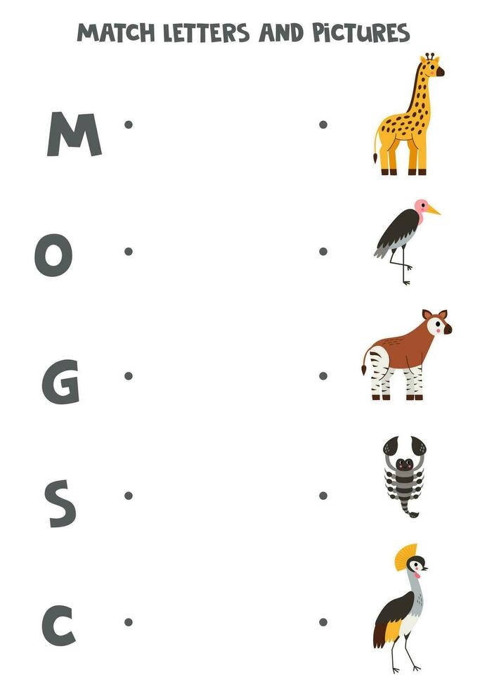rencontre des lettres et des photos. logique puzzle pour enfants. africain animaux. vecteur