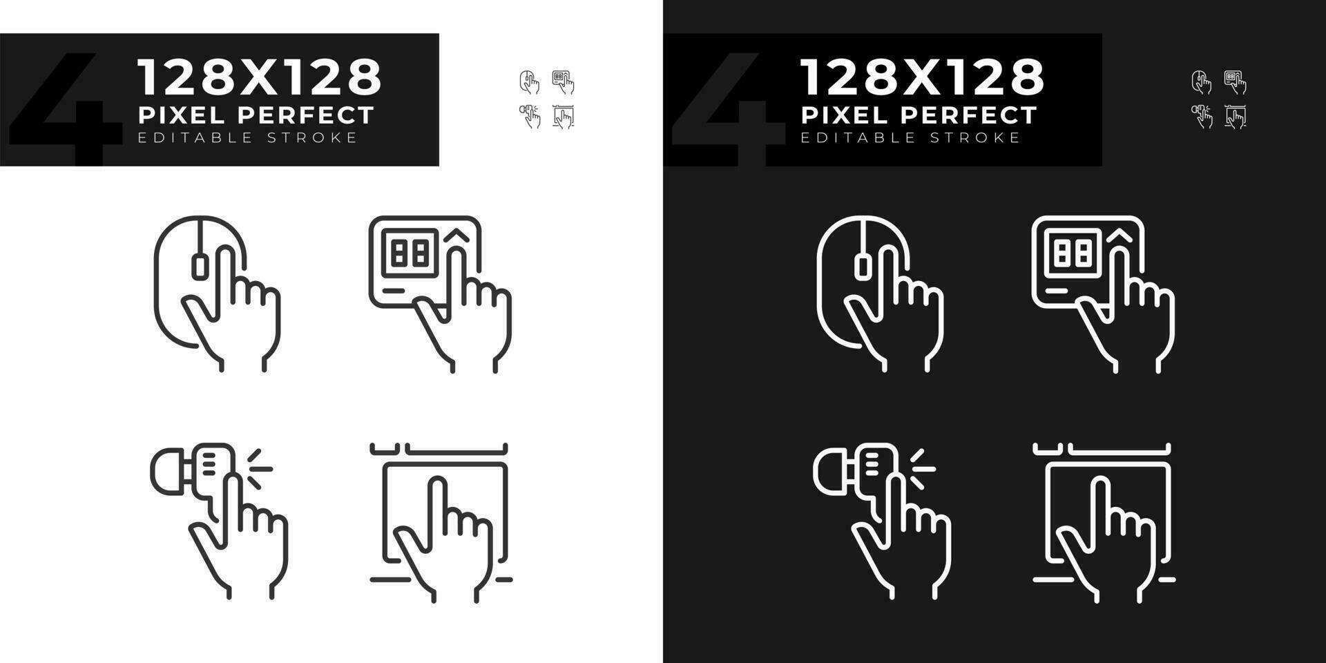 mains pressage clés sur dispositifs pixel parfait linéaire Icônes ensemble pour sombre, lumière mode. électronique gadgets usage. mince ligne symboles pour nuit, journée thème. isolé illustrations. modifiable accident vasculaire cérébral vecteur