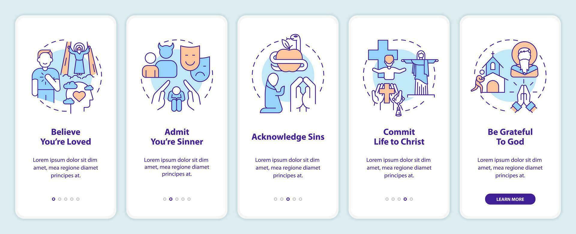 devenir Christian l'intégration mobile app filtrer. Foi procédure pas à pas 5 pas modifiable graphique instructions avec linéaire concepts. interface utilisateur, ux, gui modèle vecteur