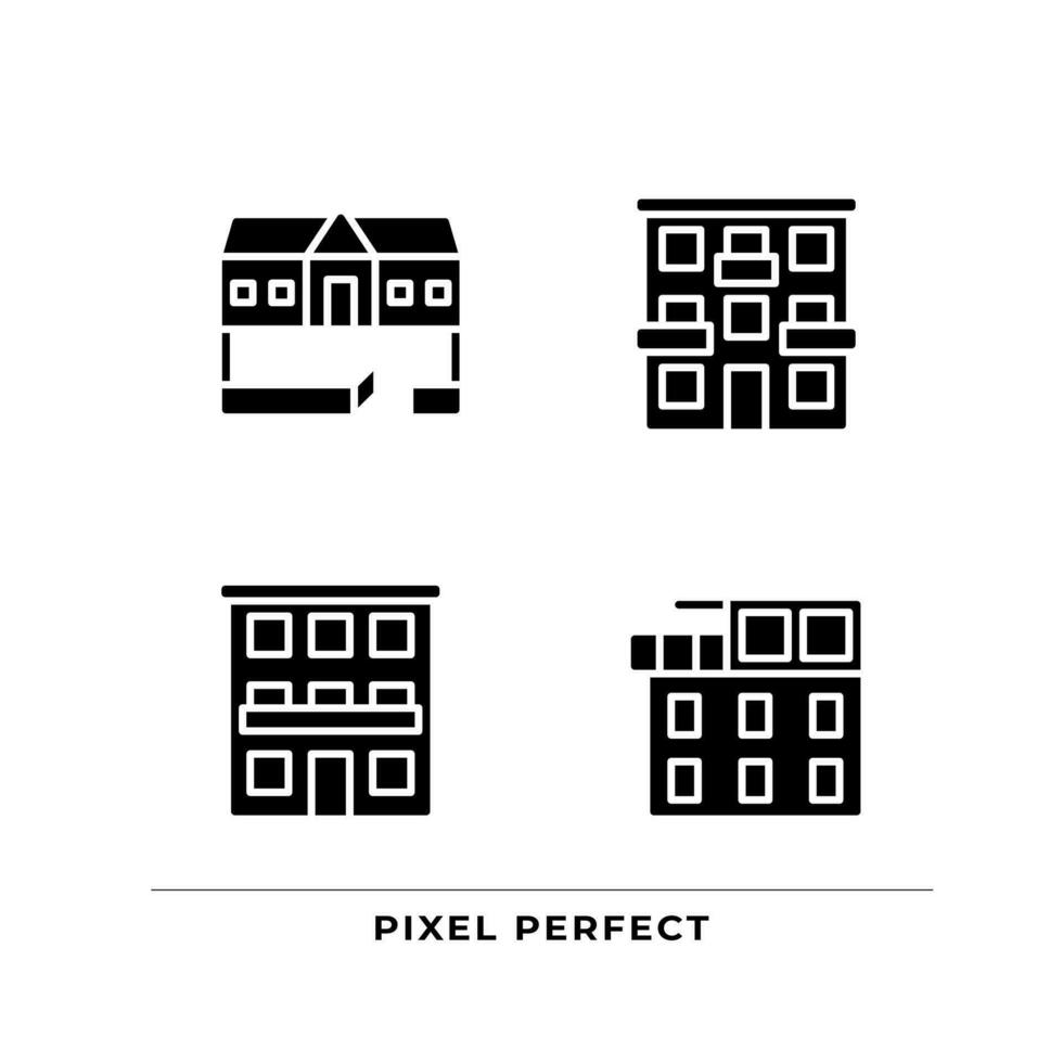 appartement les types noir glyphe Icônes ensemble sur blanc espace. ranch maison. condominium plat. luxe penthouse. acheter réel domaine. silhouette symboles. solide pictogramme paquet. vecteur isolé illustration