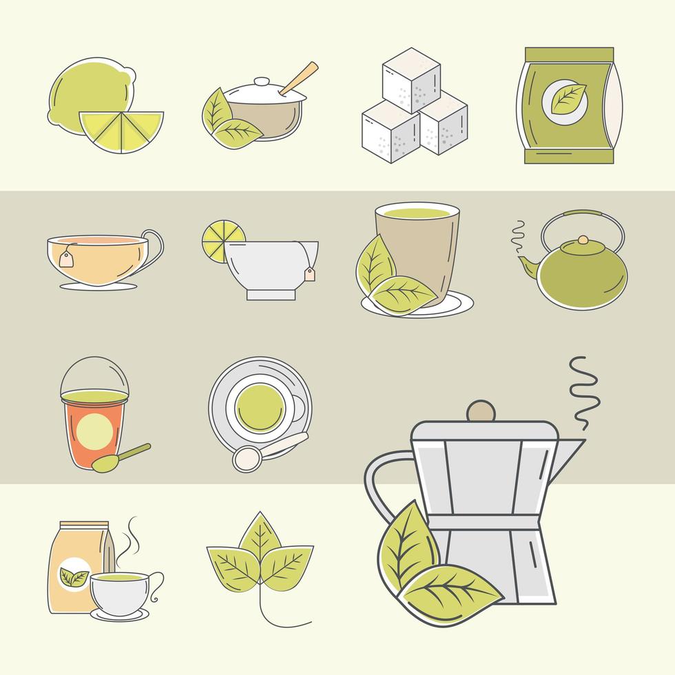 ensemble de thé d'icônes théière à la chaux tasses à sucre ligne de feuille et style de remplissage vecteur