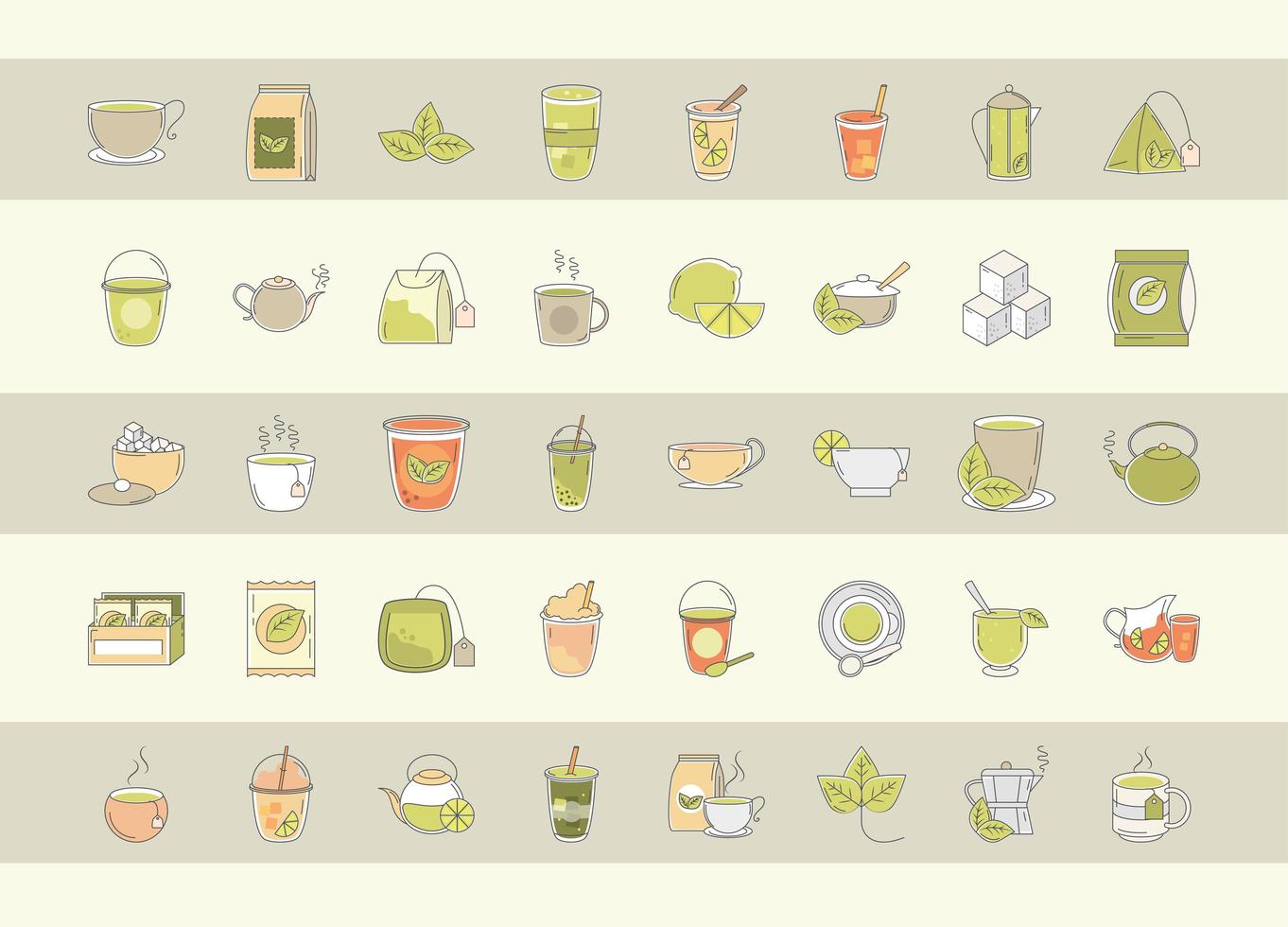 thé boisson fraîche théière traditionnelle tasses sachet de thé feuilles de sucre icônes définies ligne et remplissage vecteur