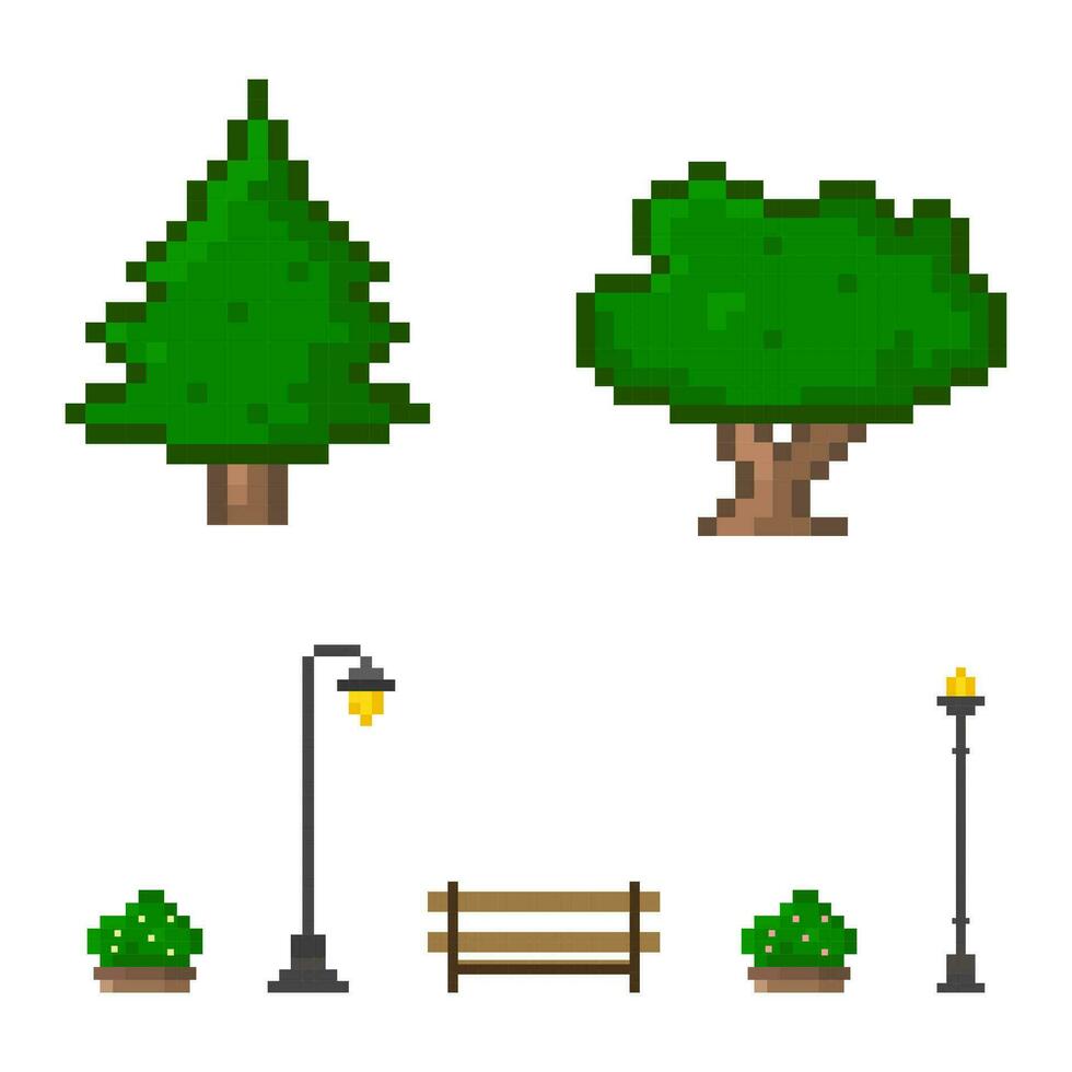 pixel art parc élément, des arbres, banc, buisson, rue lumière pour conception scène pour 8 bit Jeu vecteur