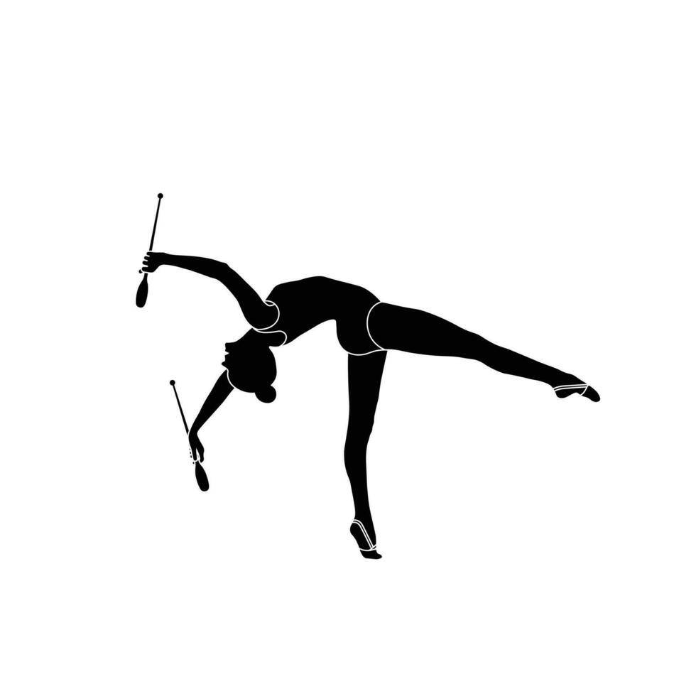 clubs rythmique gymnastique plat silhouette vecteur. rythmique gymnastique femelle athlète noir icône sur blanc Contexte. vecteur