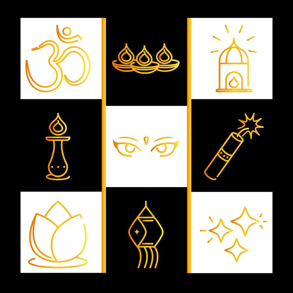 joyeux diwali inde festival deepavali religion événement gradient style icons set vector