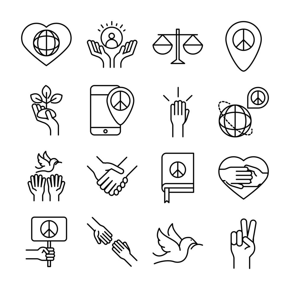 Les icônes de la ligne de la journée des droits de l'homme ont inclus la conception des mains coeur livre colombe vecteur