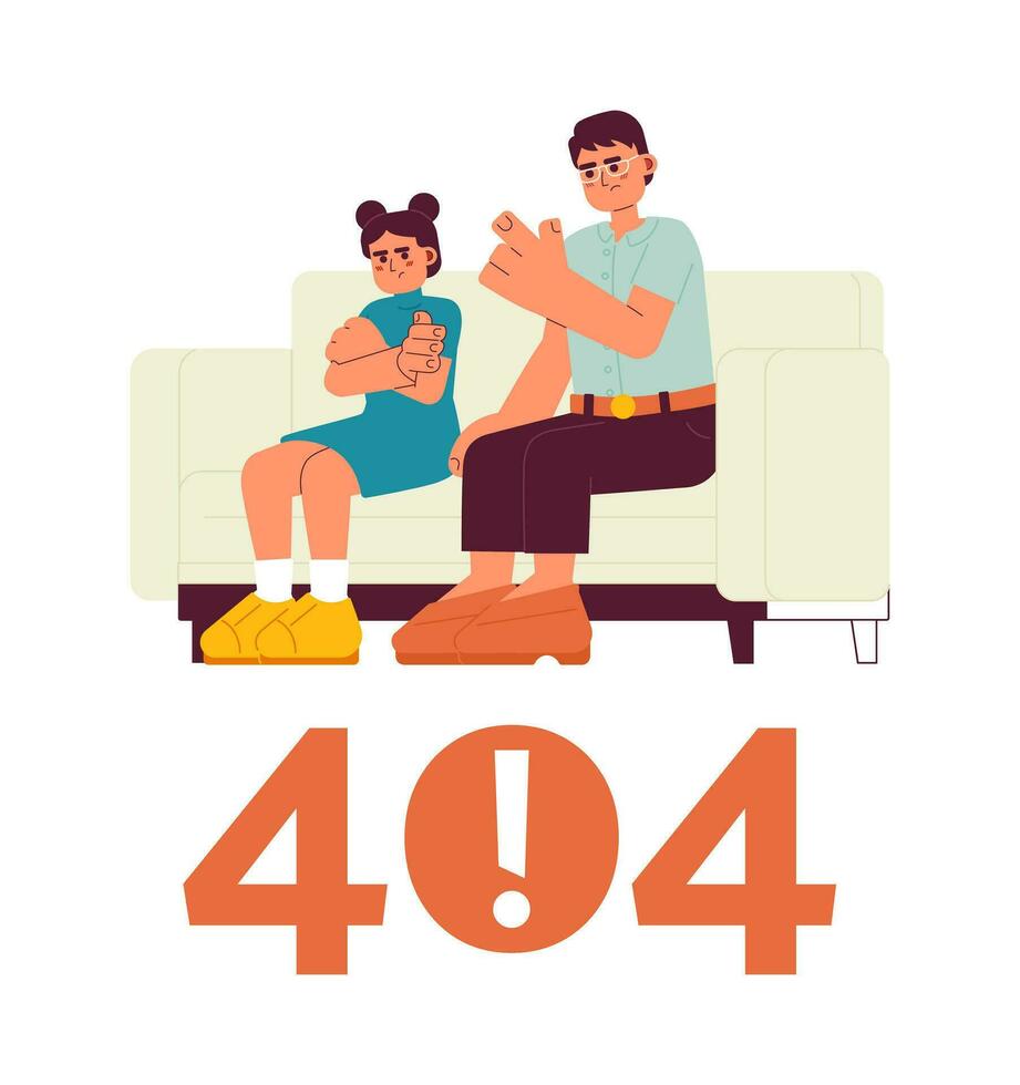 asiatique parent réprimande enfant Erreur 404 éclat message. en colère père discipliner fille. vide Etat ui conception. page ne pas a trouvé apparaitre dessin animé image. vecteur plat illustration concept sur blanc Contexte