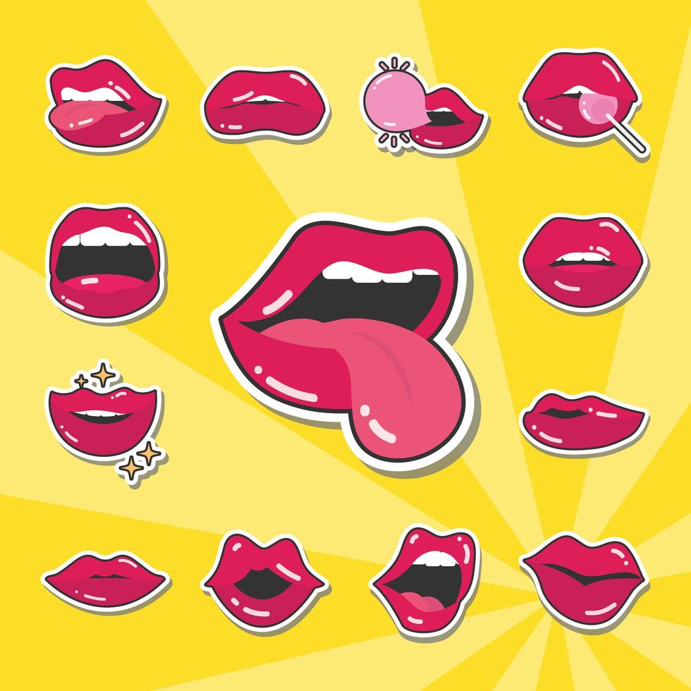 pop art femmes sexy bouche et lèvres fond jaune ligne et icône de remplissage vecteur