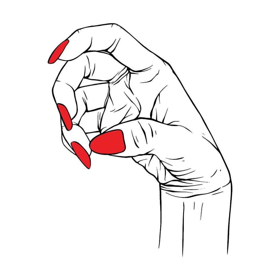 longue rouge ongles main dessiné. geste esquisser vecteur. illustration ligne art vecteur