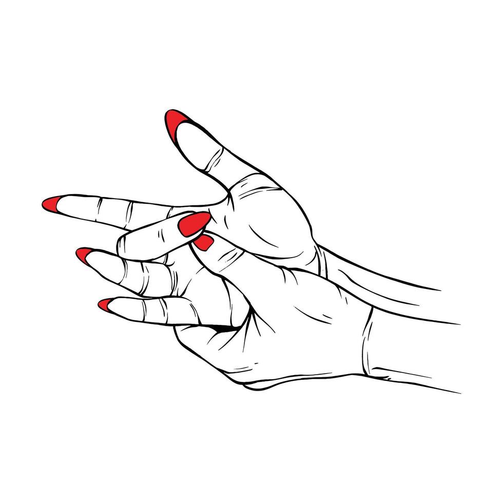 longue rouge ongles main dessiné. geste esquisser vecteur. illustration ligne art vecteur