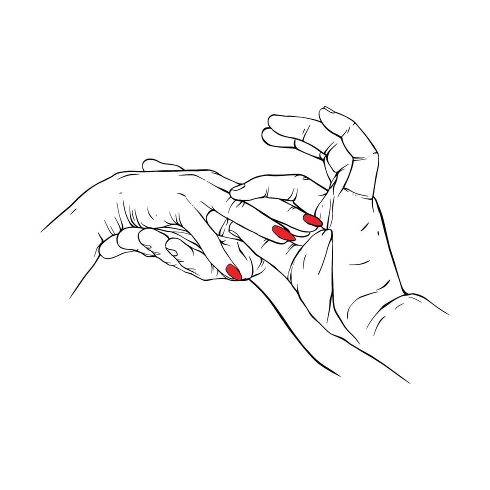 longue rouge ongles main dessiné. geste esquisser vecteur. illustration ligne art vecteur